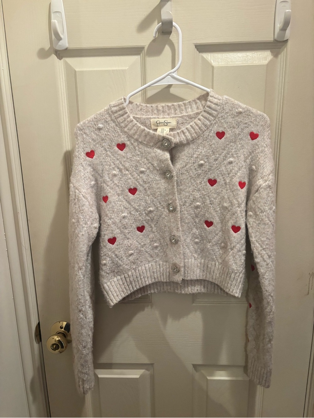 Girls (8-10) Cream Cardigan Sweater with Red Heart Detail and buttons